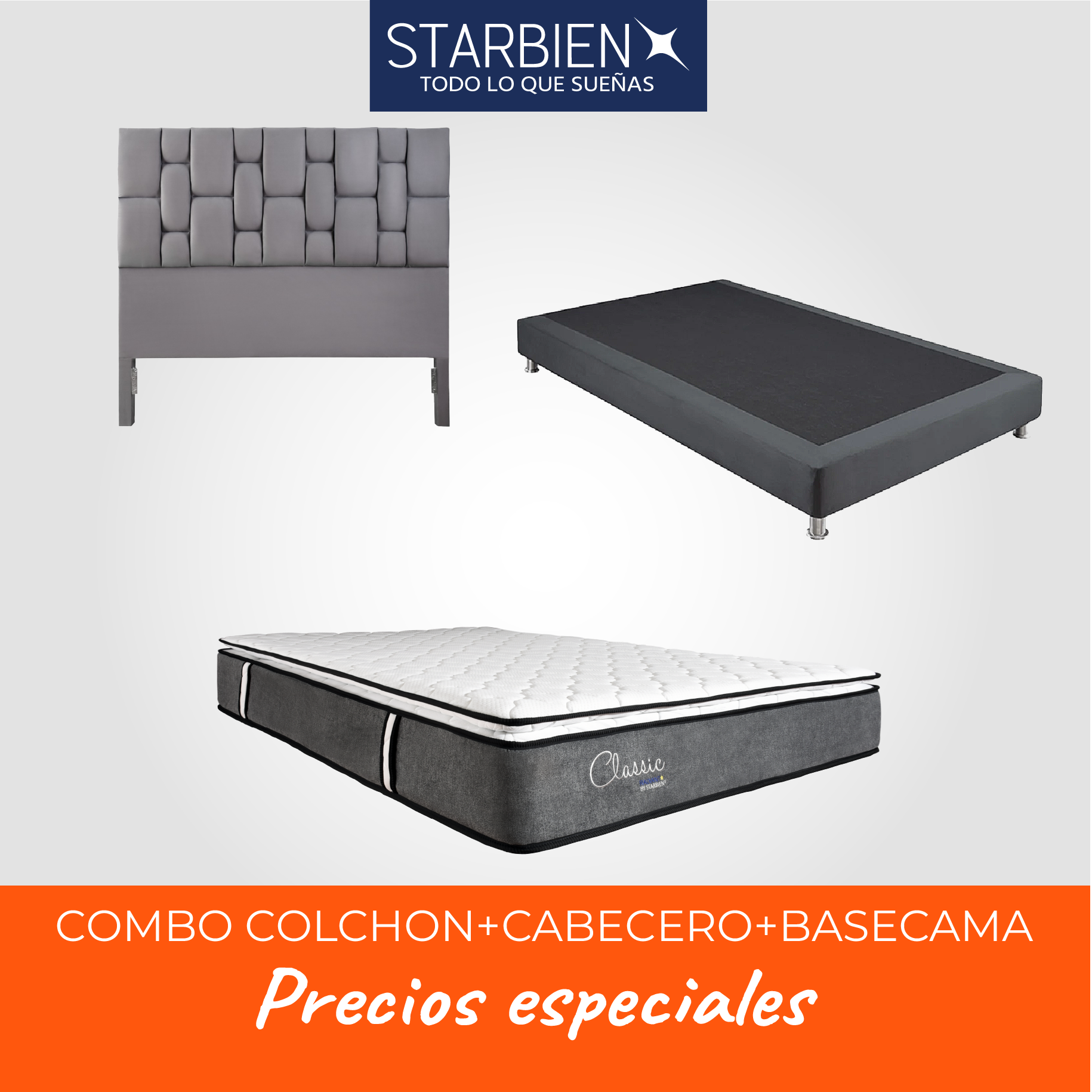 COMBO COLCHON TRUE RADIANT 160 X 190 + BASE CAMA + CABECERO